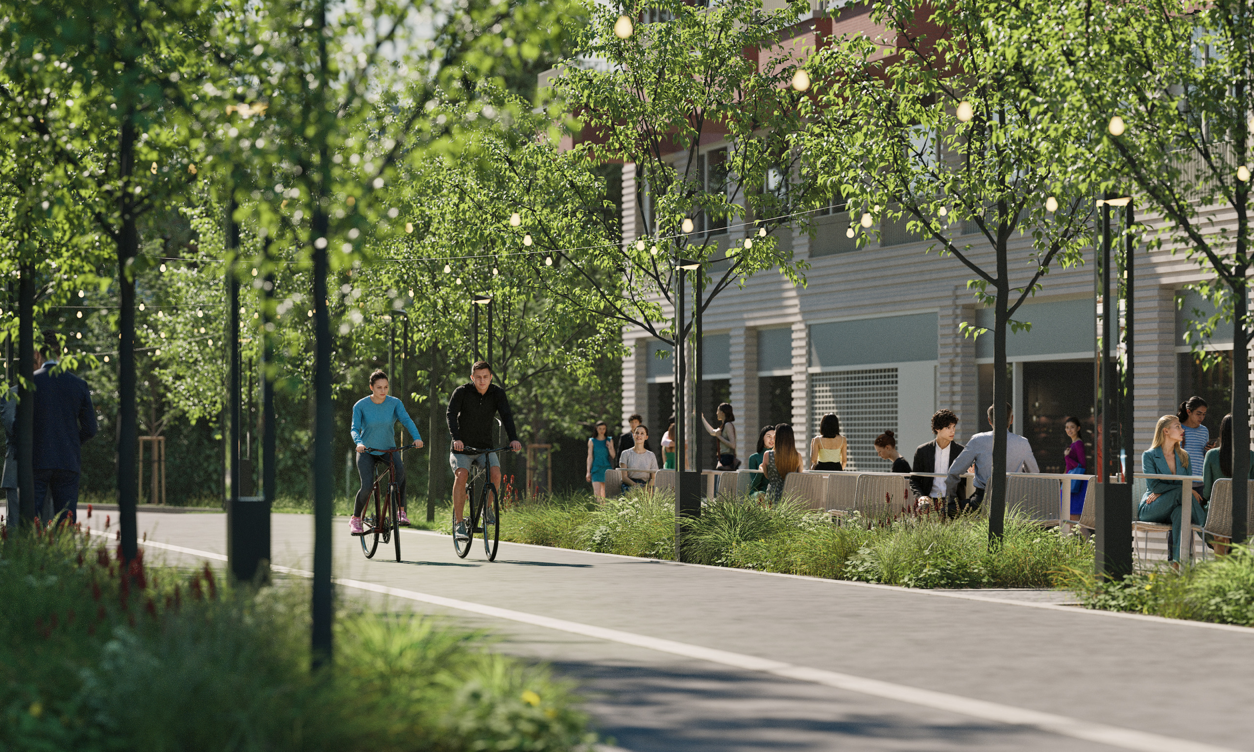 Visualization of a green promenade with a row of trees, cyclists and people on an outdoor terrace