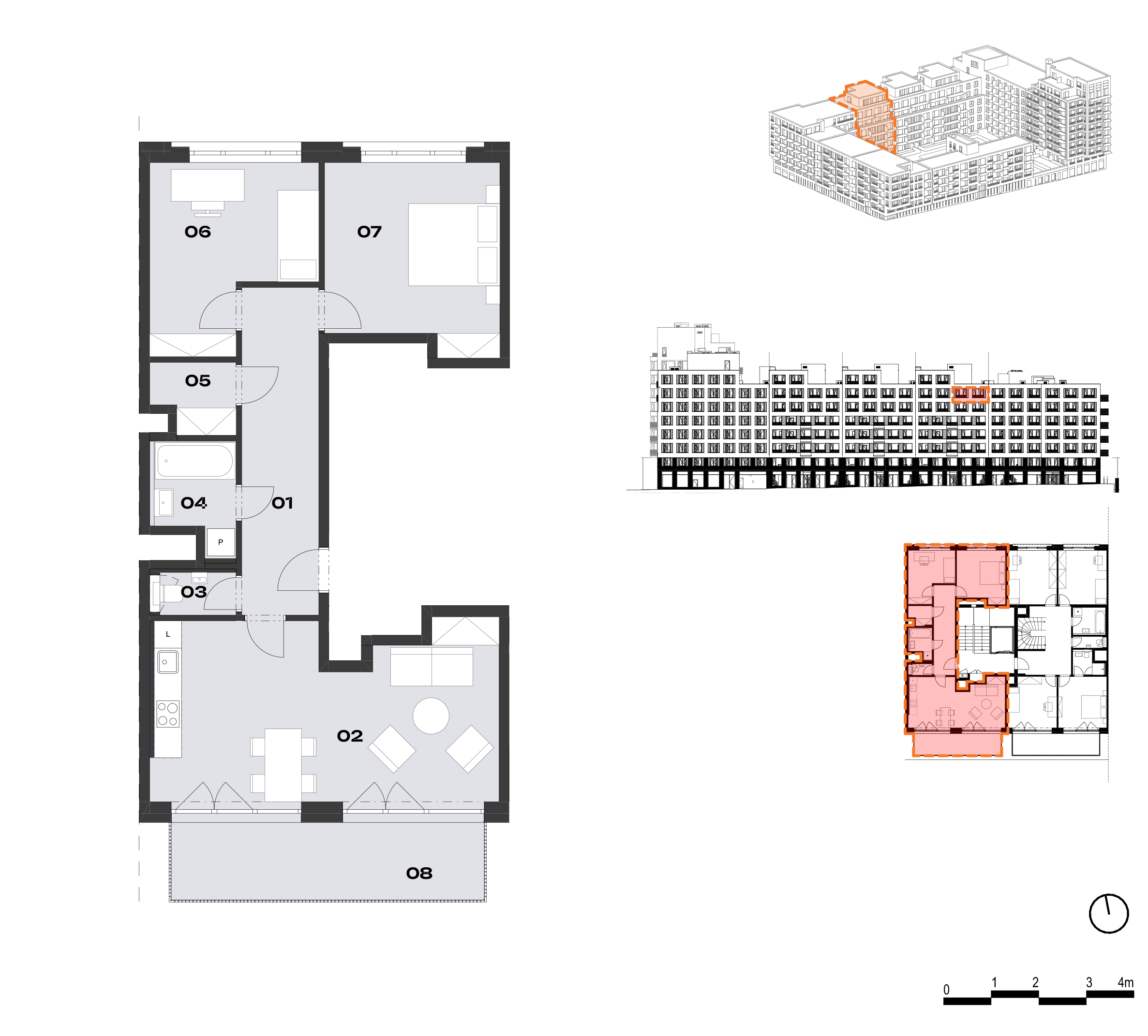 Půdorys bytu 1+kk s obývacím pokojem s kuchyní, koupelnou a velkou terasou a polohou v budově