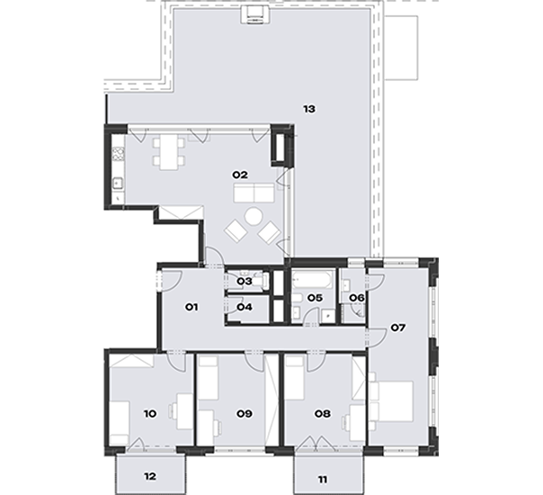 Floor plan of a large penthouse with a living room, several bedrooms, bathrooms and a spacious terrace