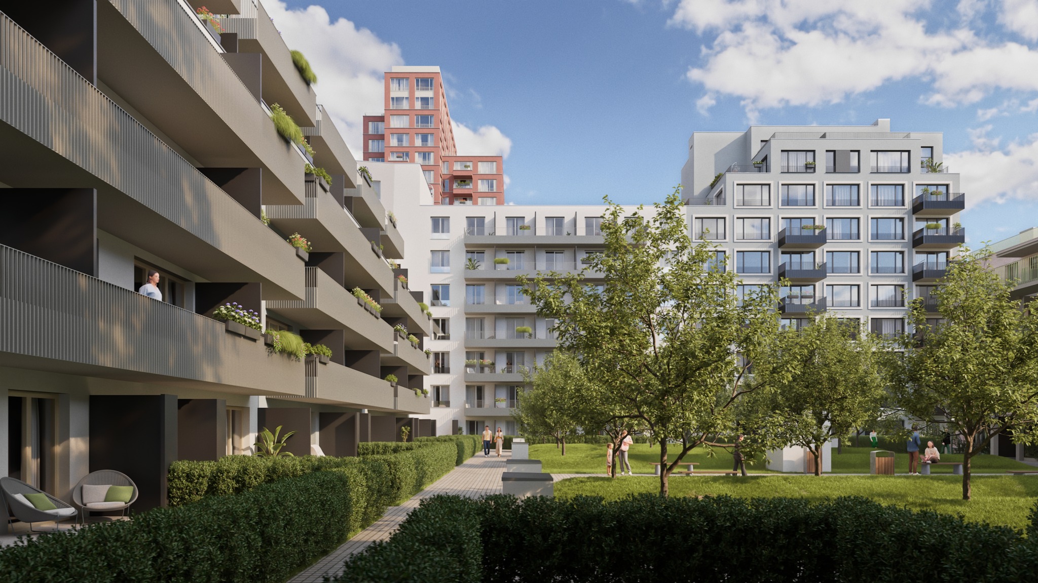 Visualization of an inner courtyard with apartment buildings, balconies with planters, a green garden and a brick tower in the background