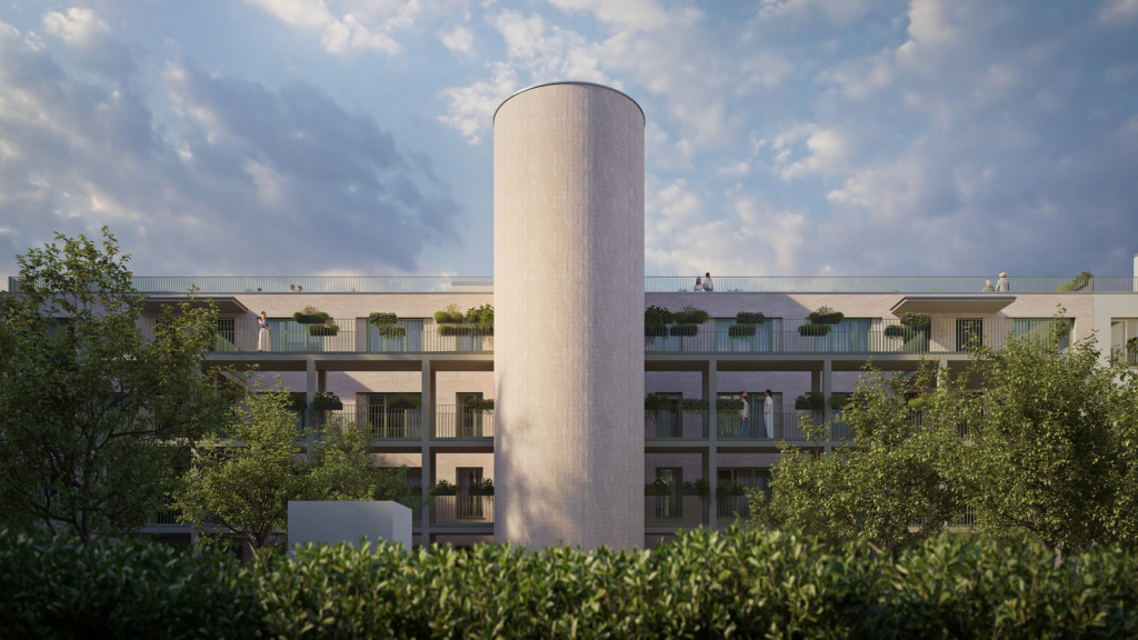 Visualization of the facade of an apartment building with balconies and a cylindrical concrete column behind trees