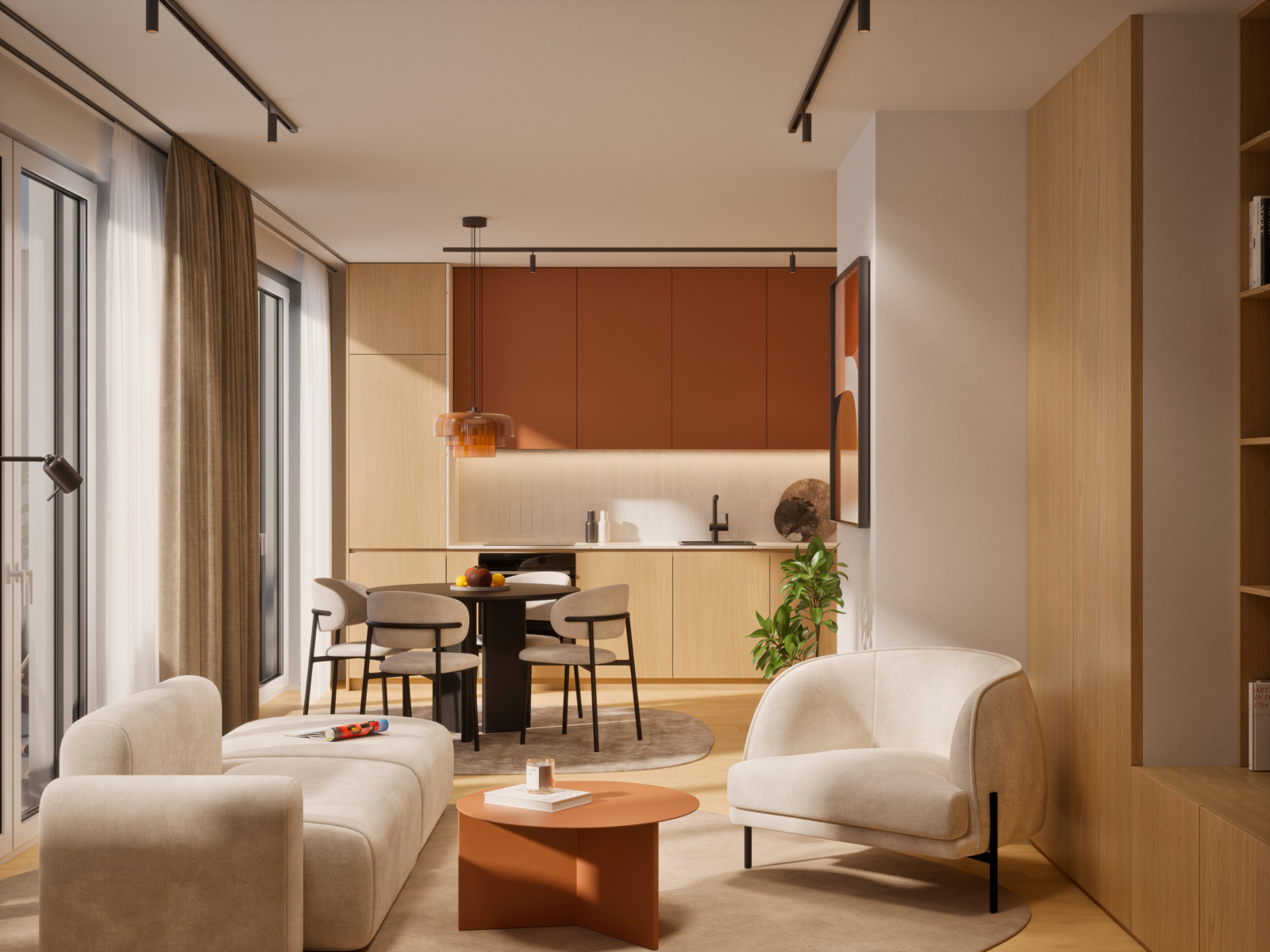 Visualization of a living room with a kitchen with terracotta cabinets, a dining table and armchairs