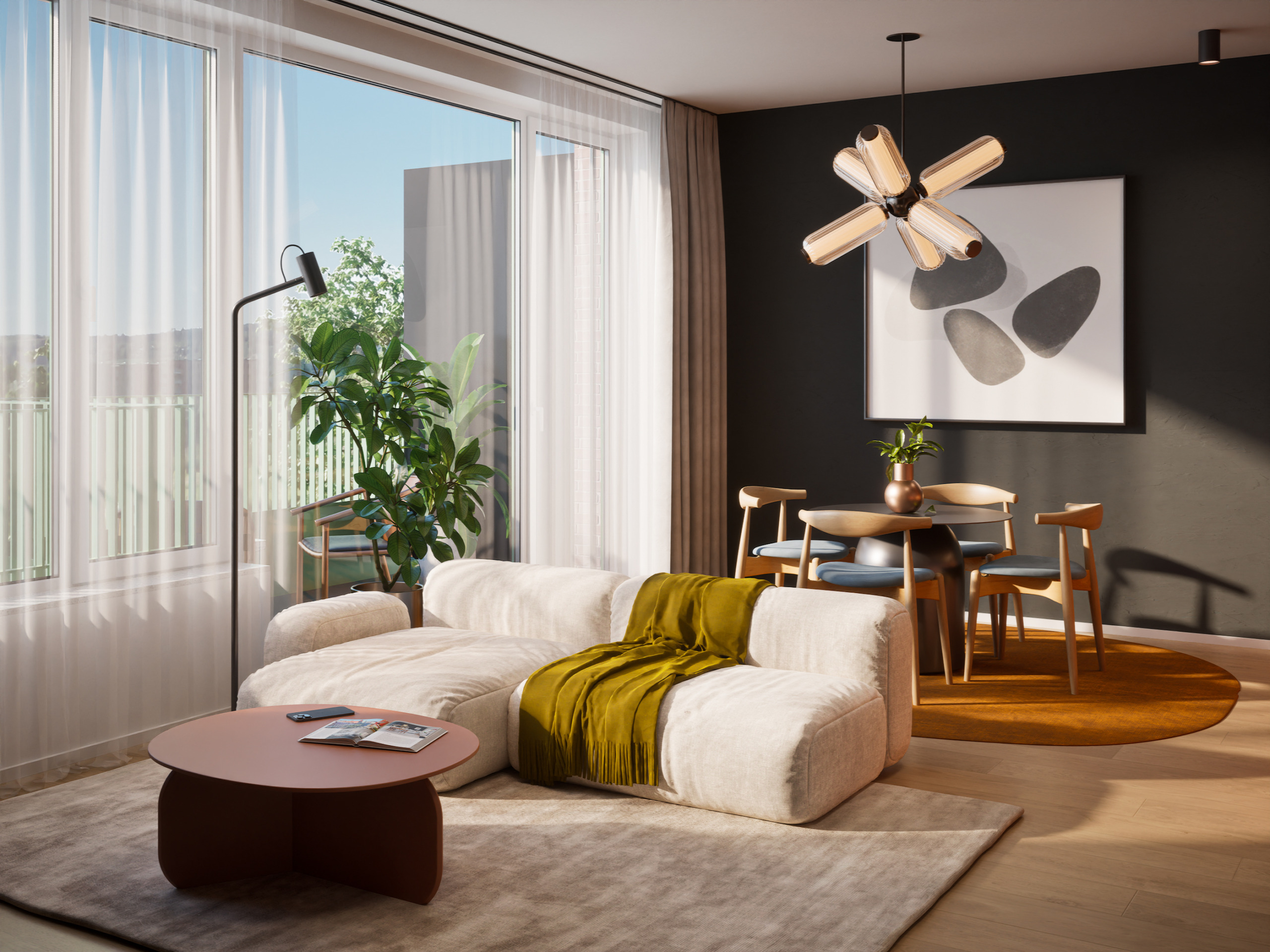 Visualization of a living room with a white sofa set, a dining area and access to the balcony