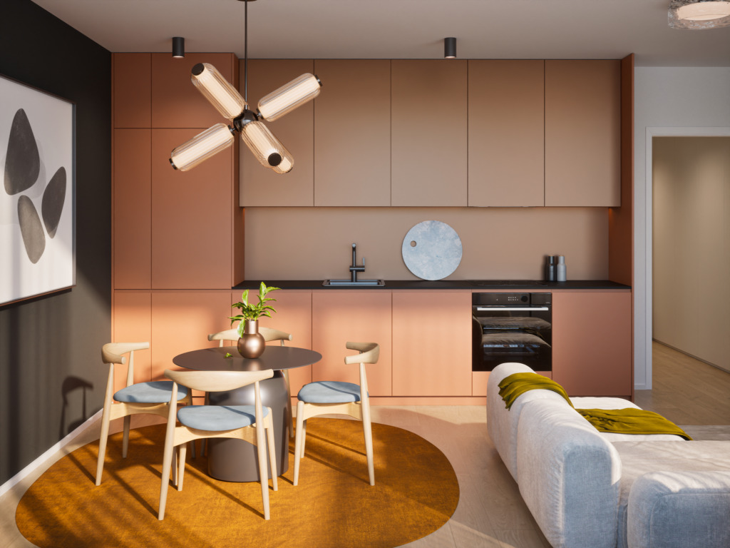 Visualization of a kitchen with terracotta cabinets, a dining table and a designer chandelier