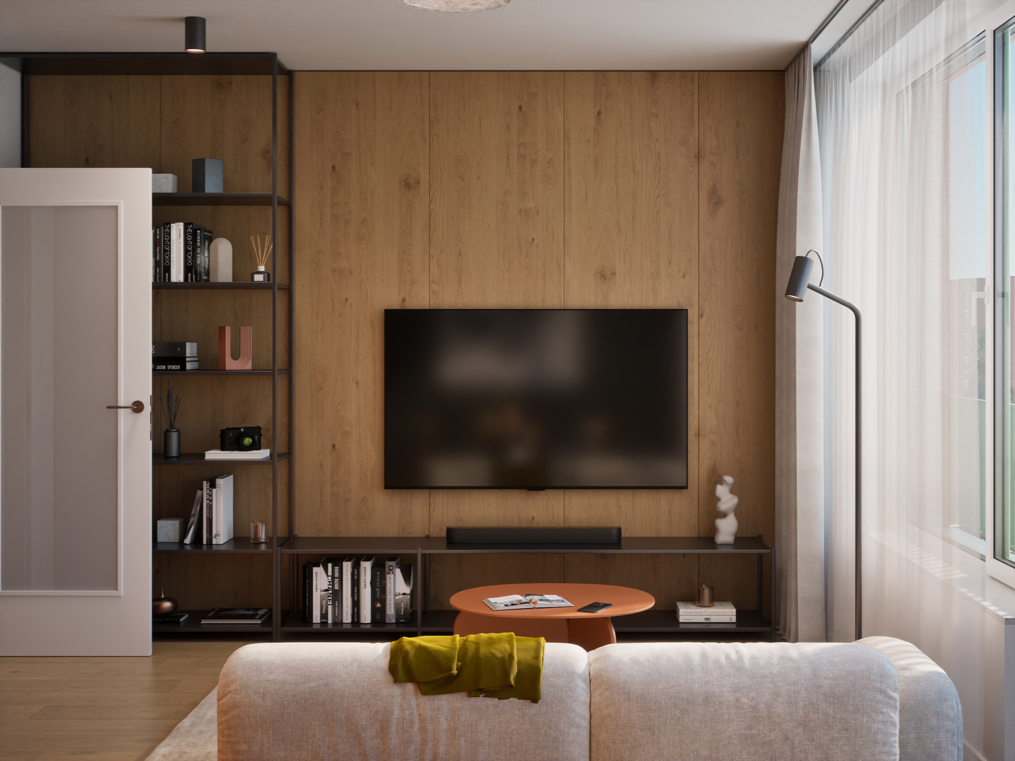 Visualization of a living room with a TV on a wooden wall, a shelving unit and a sofa