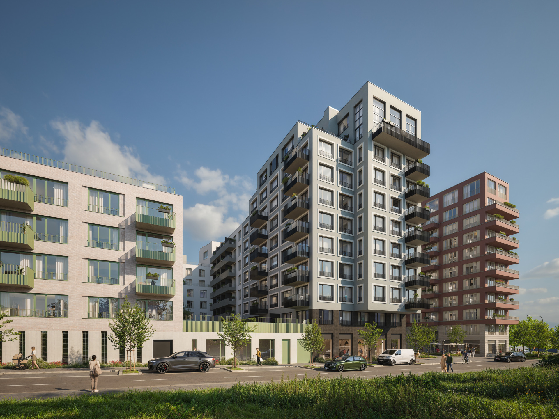 Visualization of a residential complex with a white high-rise, a beige and a brick building and a street