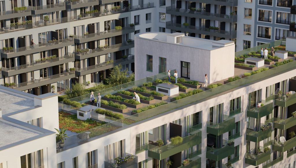 Visualization of a roof garden with raised beds and the green terraces of an apartment building