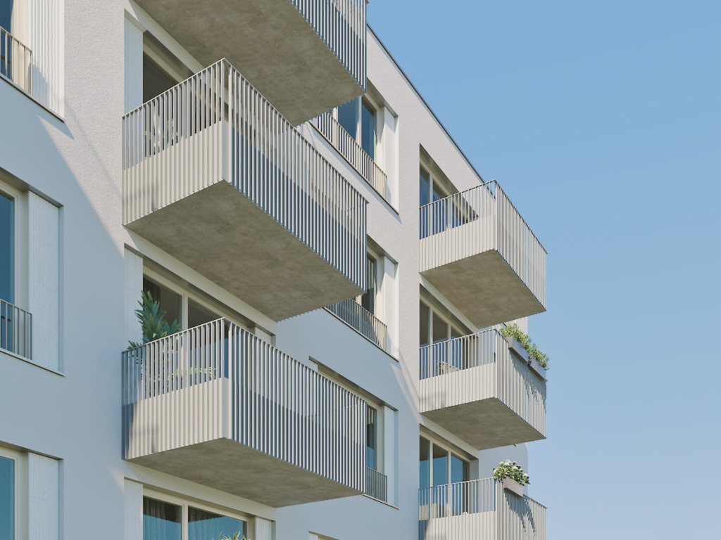 Visualization of a close-up of an apartment building facade with projecting balconies and vertical railings