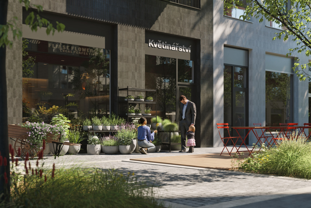 Visualization of the ground floor with a flower shop, people and a front garden with small red tables