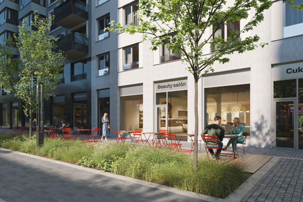 Visualization of the retail ground floor with a beauty salon, a café and a terrace with small red tables