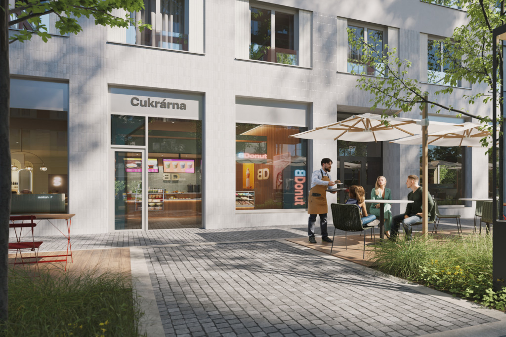 Visualization of the ground floor with a patisserie and a café front garden with a waiter and parasols