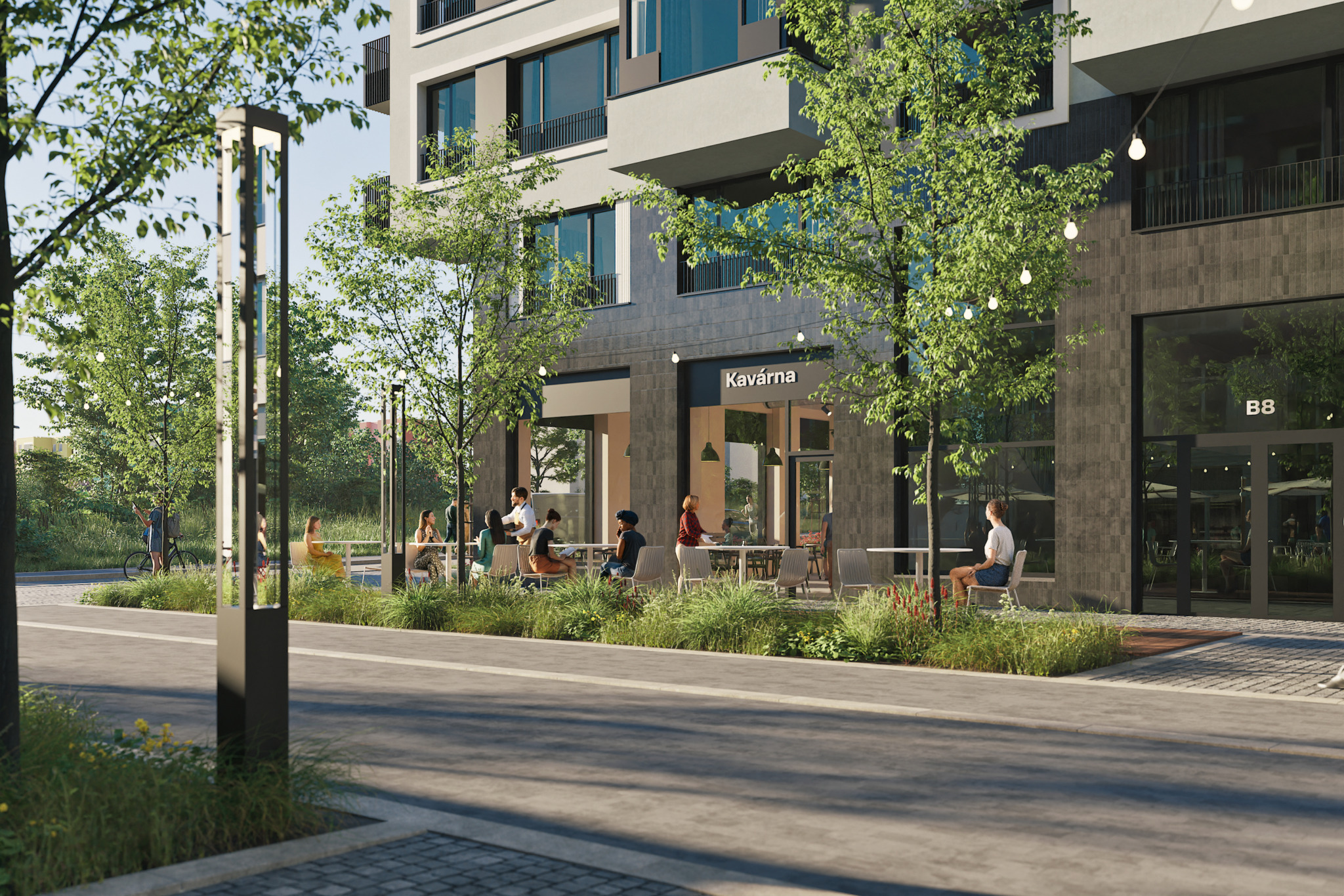 Visualization of a café on the ground floor of apartment building B8 with outdoor seating, people and greenery