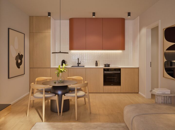 Visualization of a living room with a kitchen with terracotta cabinets and a round dining table
