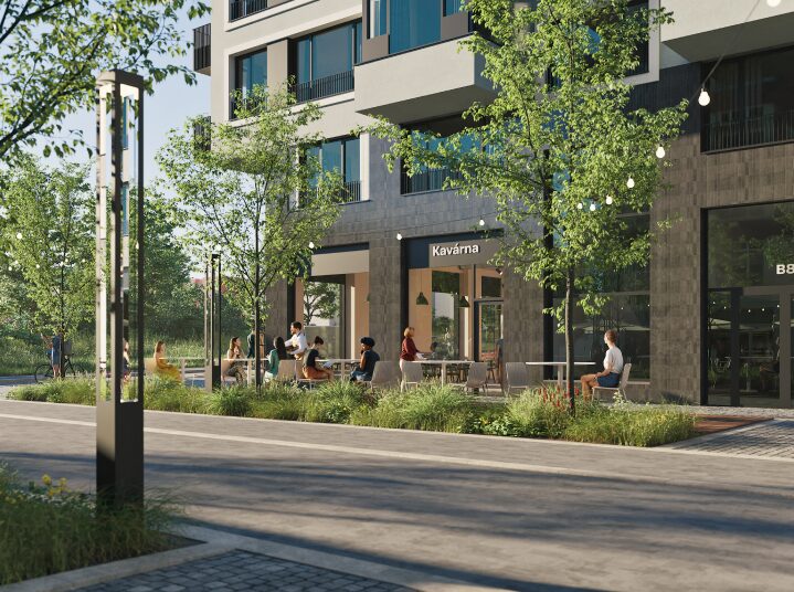 Visualization of the ground floor of an apartment building with a café, an outdoor terrace and people among the trees