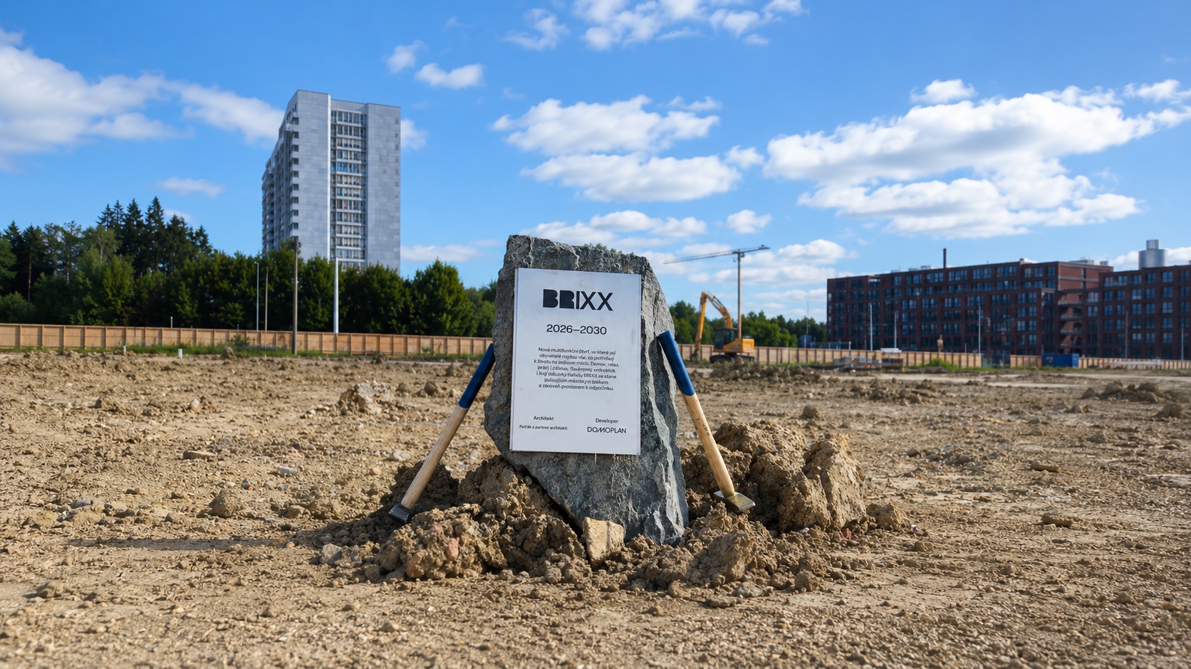 The BRIXX 2026-2030 foundation stone with two spades at the construction site