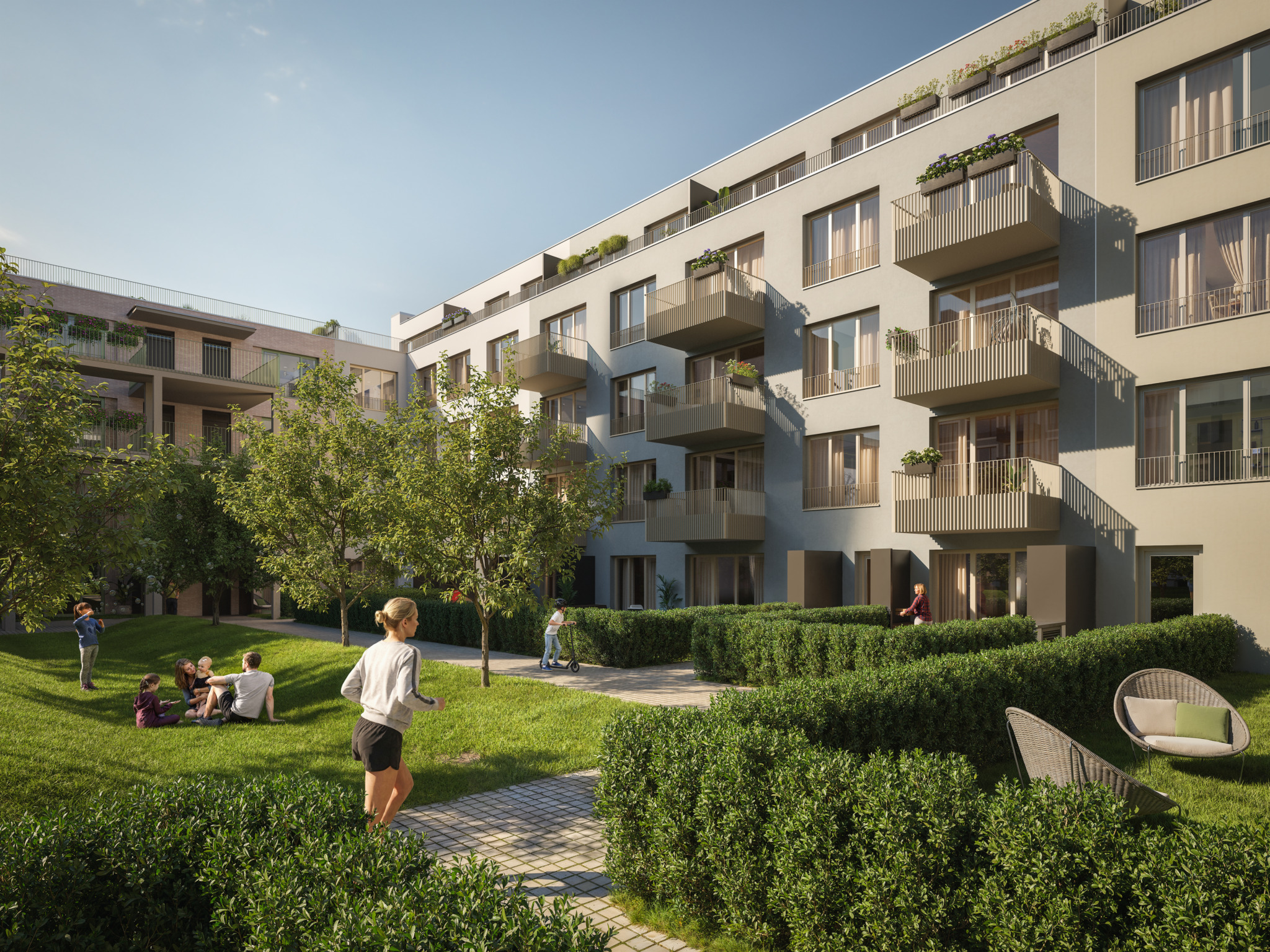 Visualization of an inner courtyard with a green lawn, a family and an apartment building with projecting balconies and planters