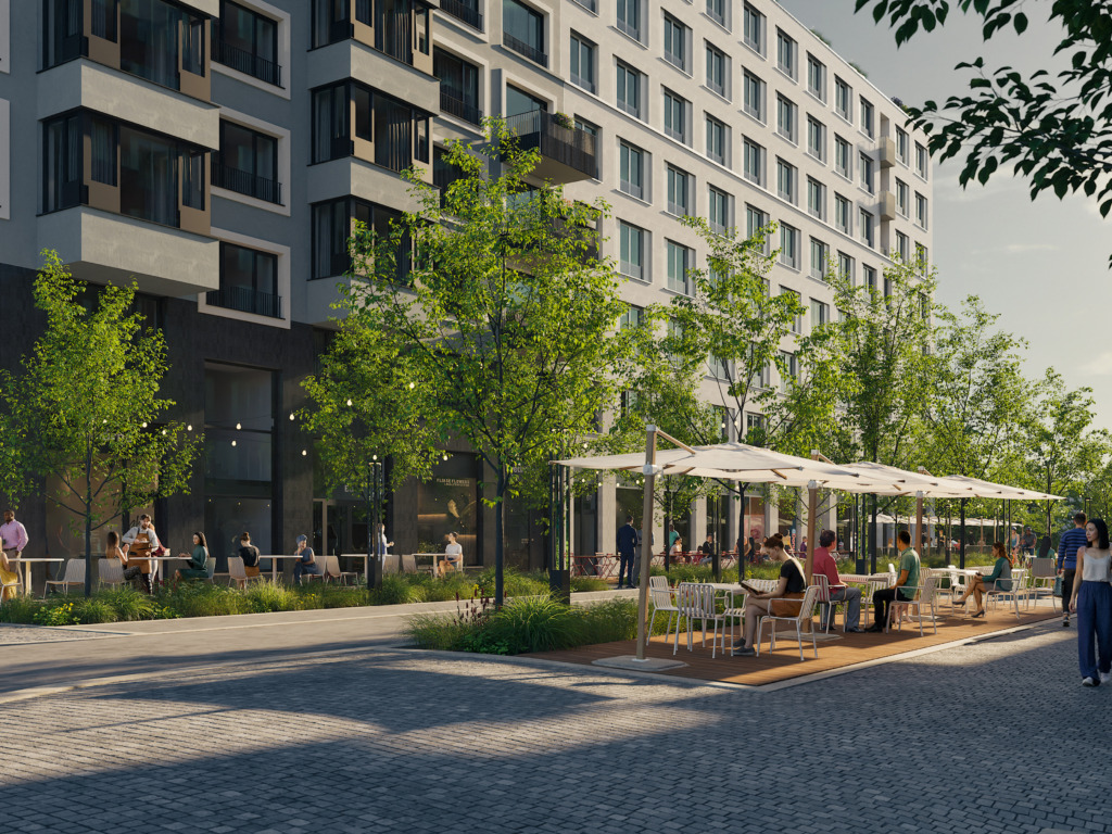 Visualization of a boulevard with apartment buildings, a row of trees and a café terrace with people on the paved street