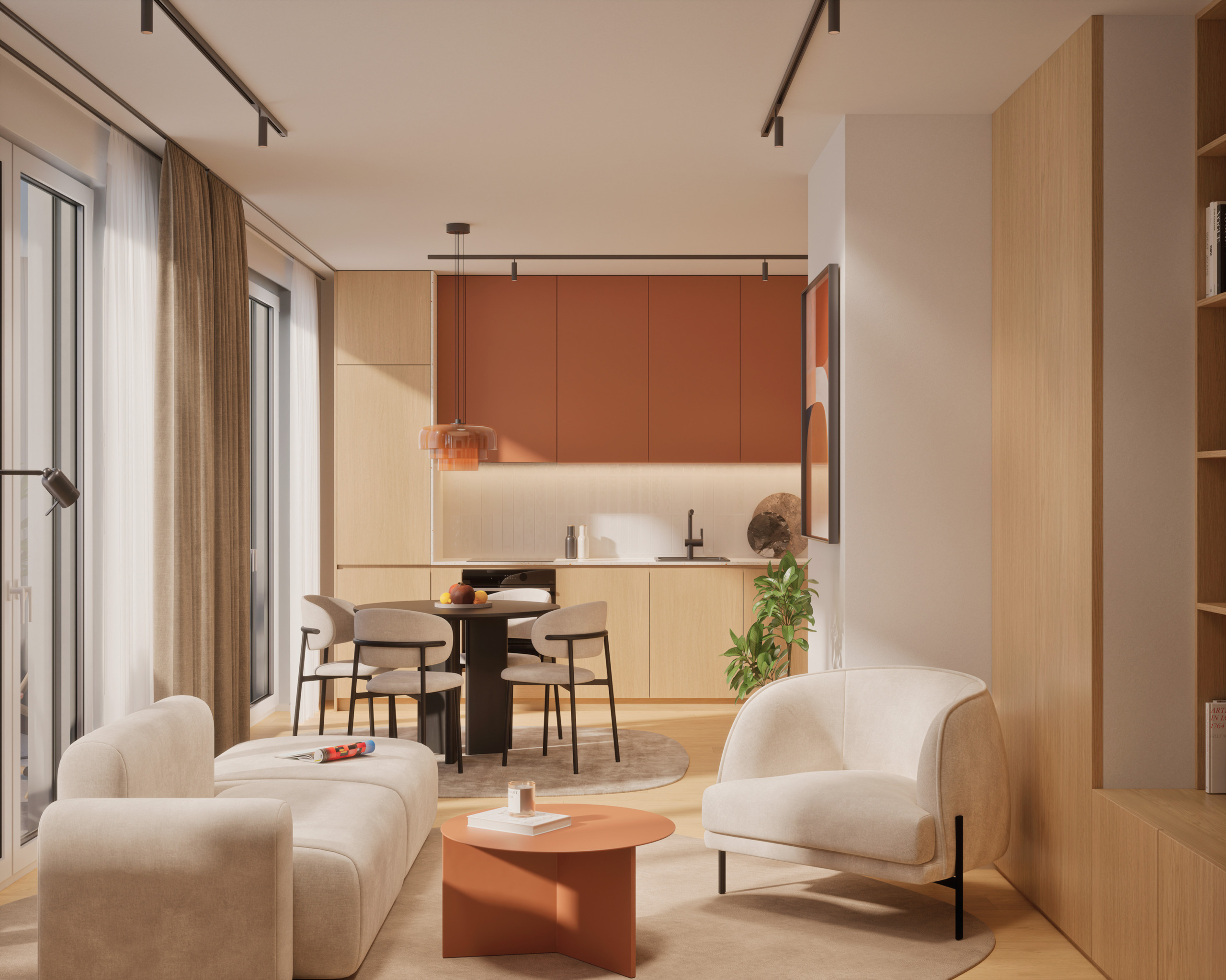 Visualization of a living room with a terracotta kitchen, a dining table, cream armchairs and a small orange table
