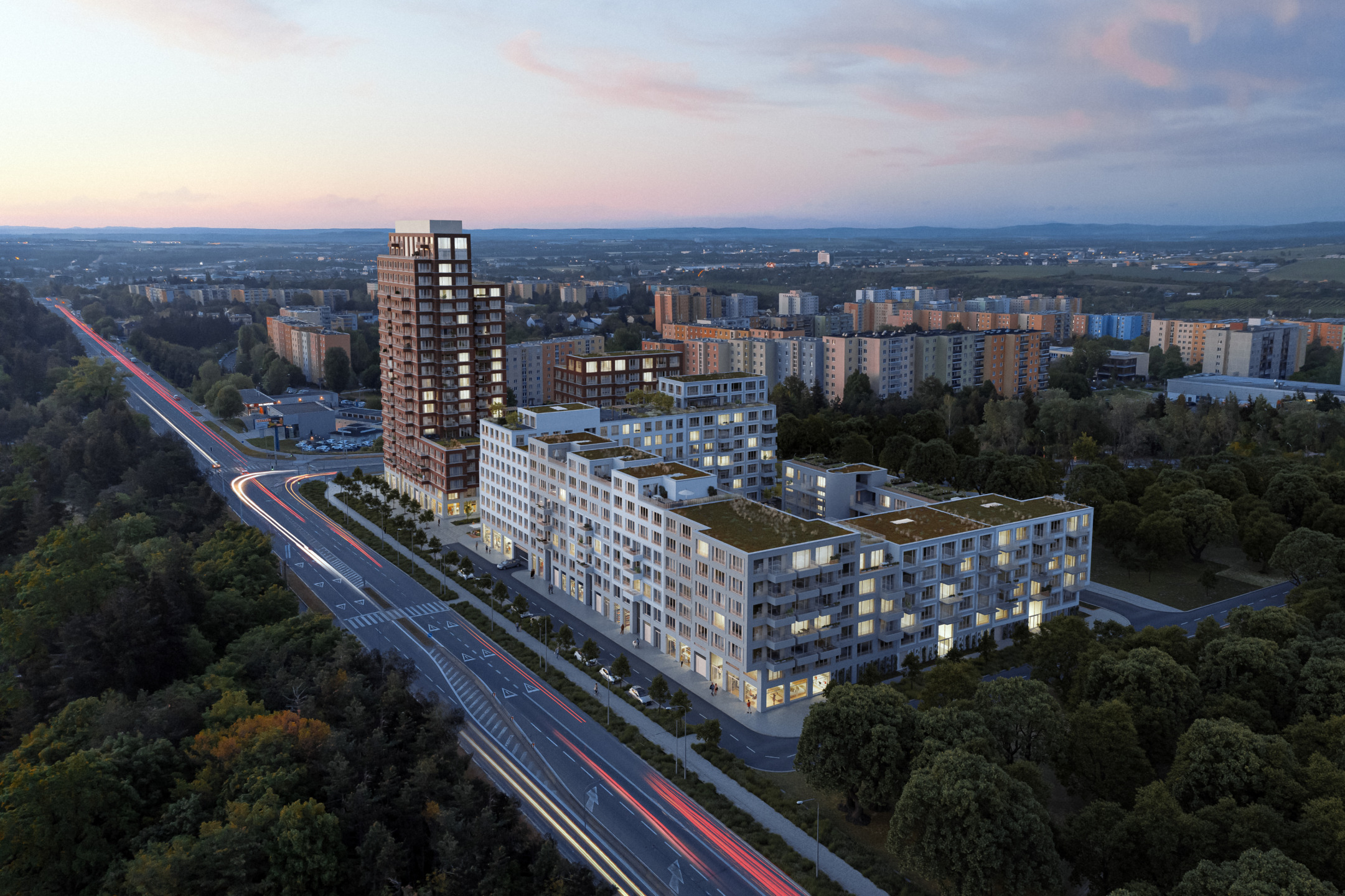 Visualization of an evening aerial view of a residential complex with a brick tower and white buildings with green roofs by the road