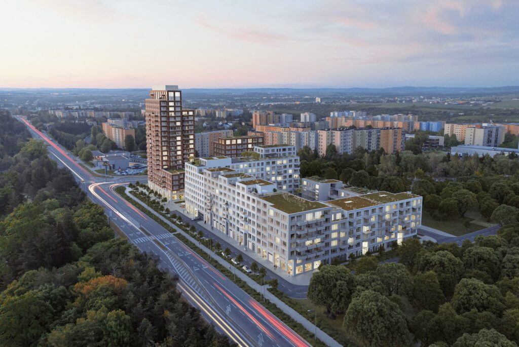 Visualization of an evening aerial view of the BRIXX residential complex by the road
