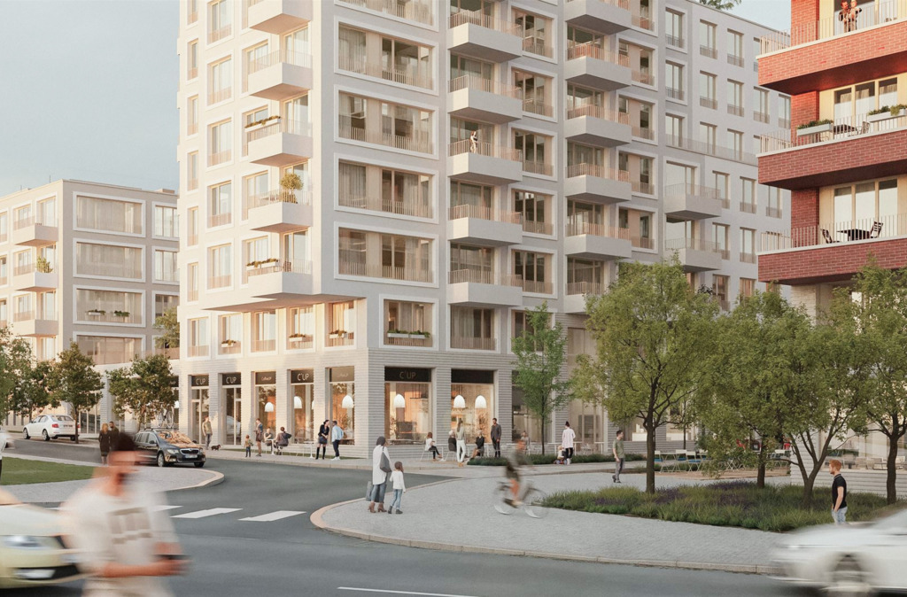 Visualization of the ground floor of an apartment building with shops, a café and people on the sidewalk