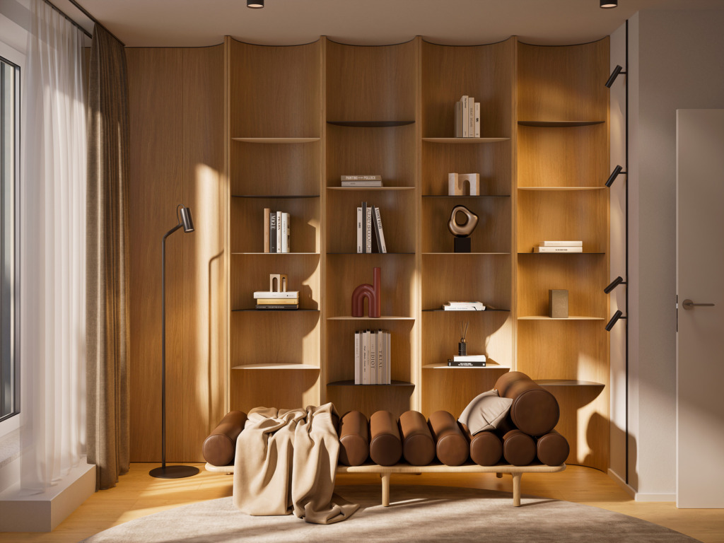 Visualization of a sitting area with a wooden bookcase and a leather bench with cushions