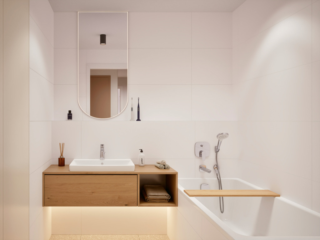 Visualization of a bathroom with a bathtub, a wooden cabinet with a sink and an oval mirror