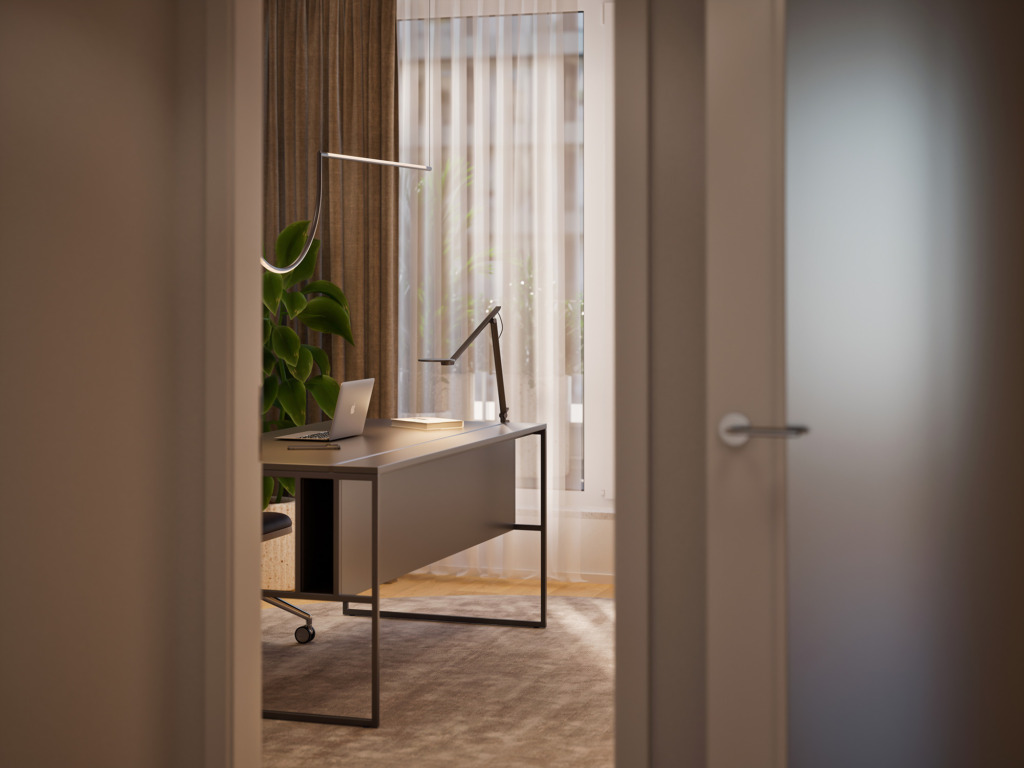 Visualization of a home office with a desk and a laptop by a bright window