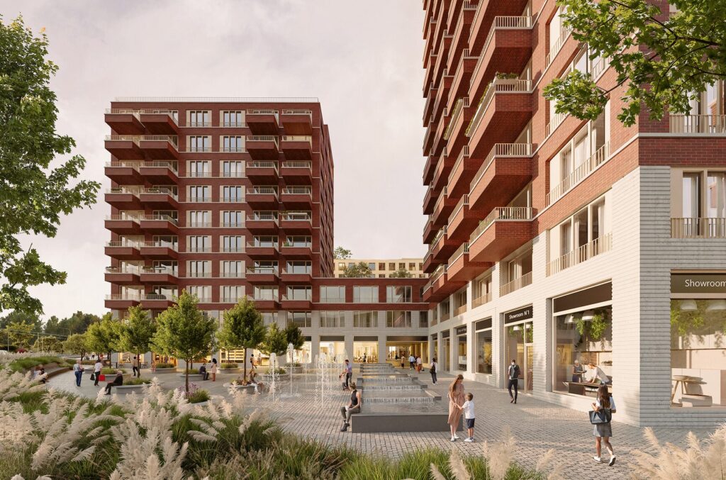 Visualization of a square with a fountain, showrooms and brick apartment buildings