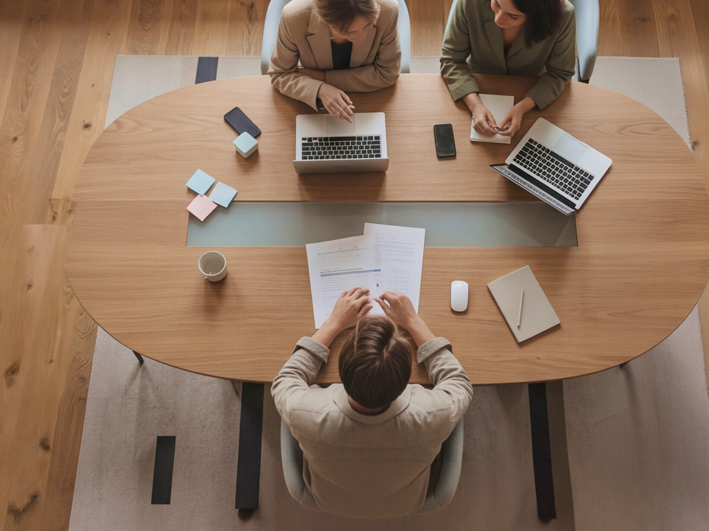 Top view of three people at an oval wooden table with laptops and documents during a meeting