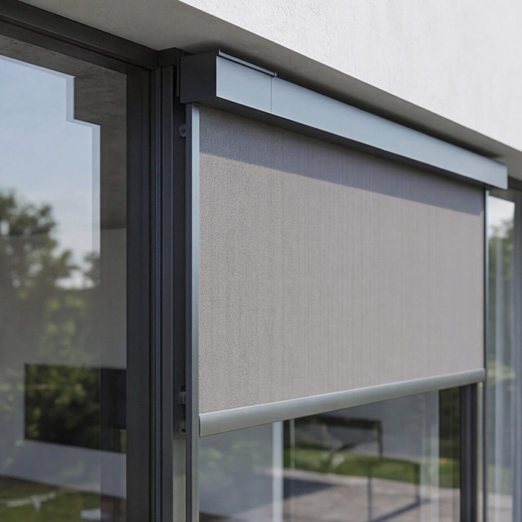 Close-up of an aluminum window with an exterior fabric blind and a dark frame