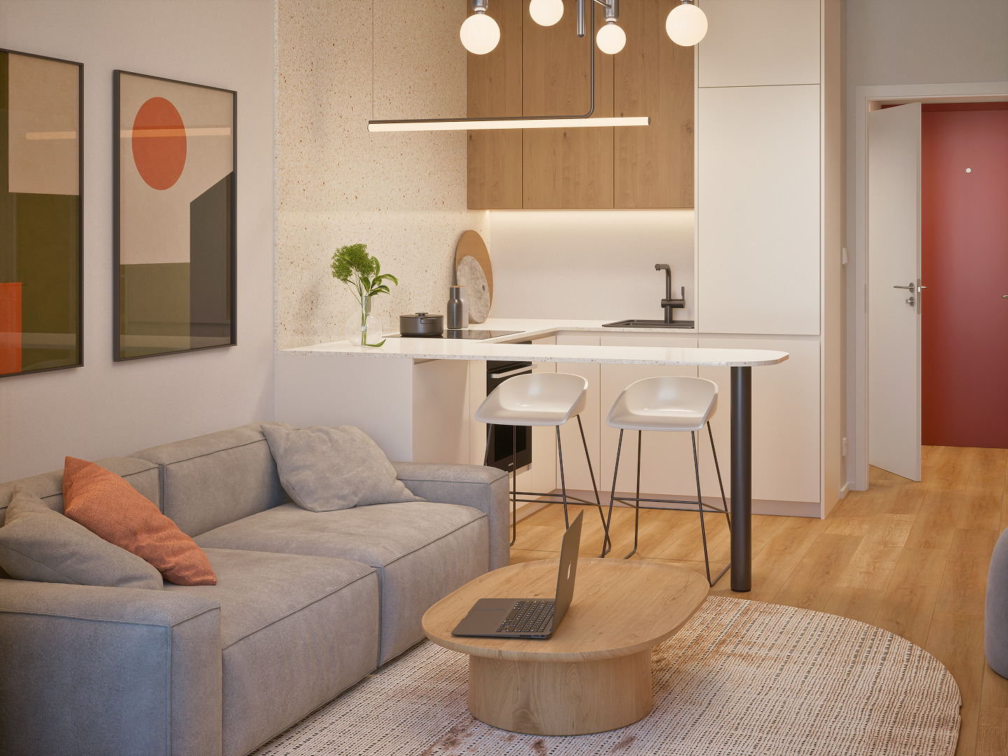 Visualization of a living room with a kitchenette, a gray sofa and bar stools
