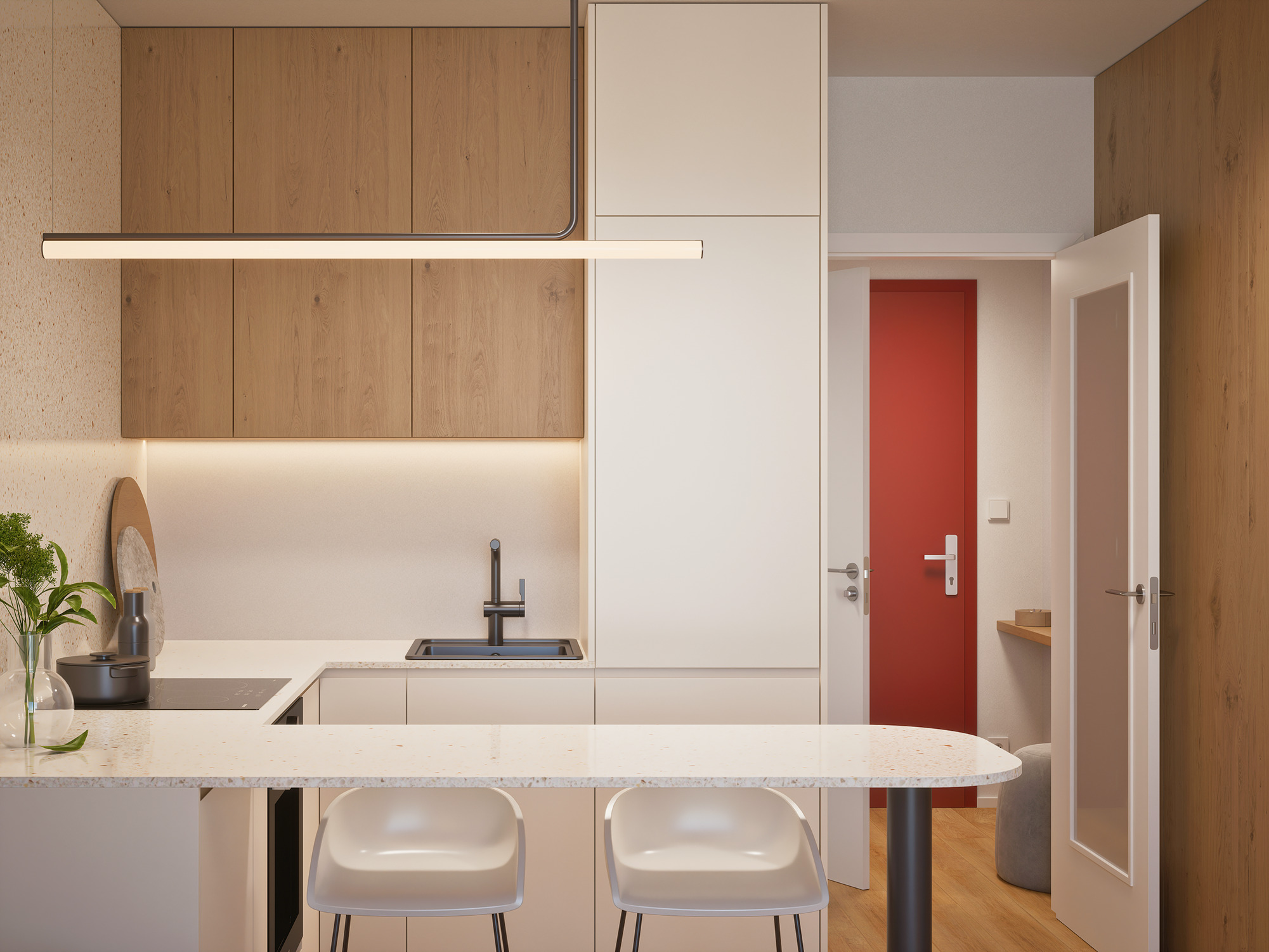 Visualization of a kitchenette with wooden cabinets, a bar counter and a red door