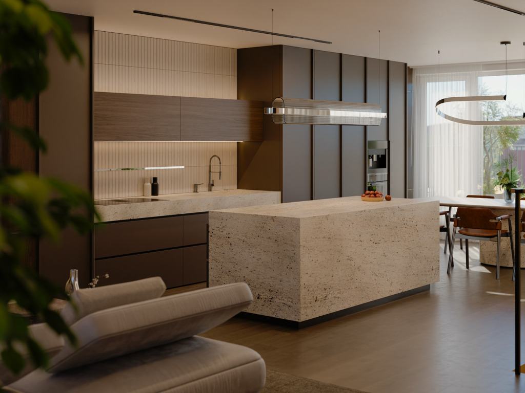 Visualization of a modern kitchen with a travertine island, dark cabinets and a dining area