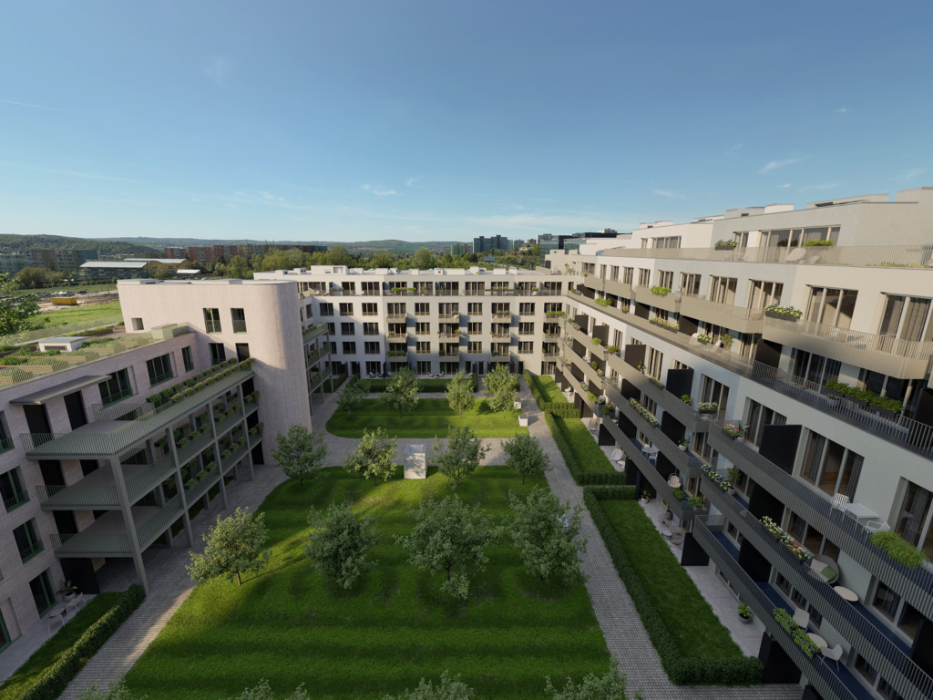 Visualization of an aerial view of an inner courtyard with a garden, trees and apartment buildings with balconies