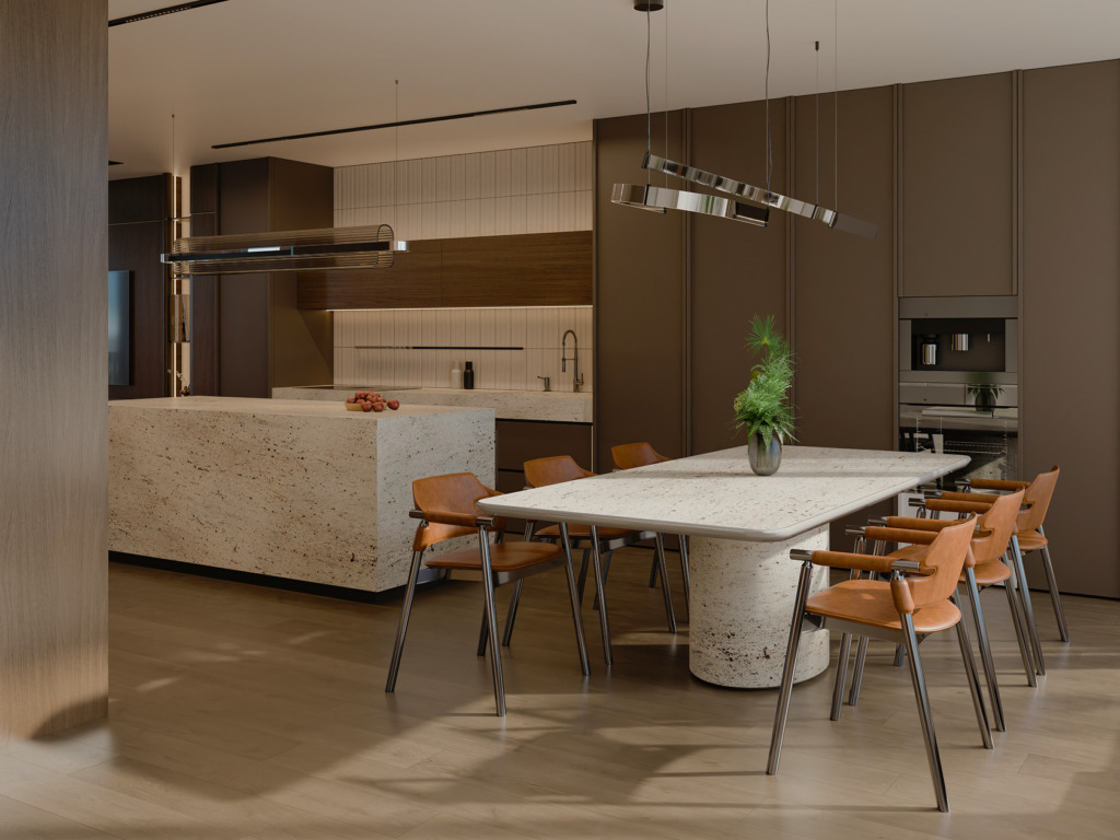 Visualization of a luxury penthouse kitchen with a travertine island, a dining table and leather chairs
