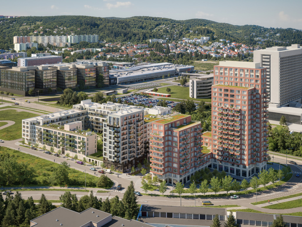Visualization of an aerial view of a residential complex with brick and white buildings and wooded hills