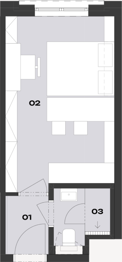 Floor plan of a 1+kk flat with a living room with a kitchen, an entrance hall and a bathroom