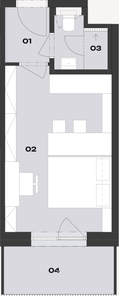 Floor plan of a 1+kk flat with a living room with a kitchen, a bathroom and a loggia