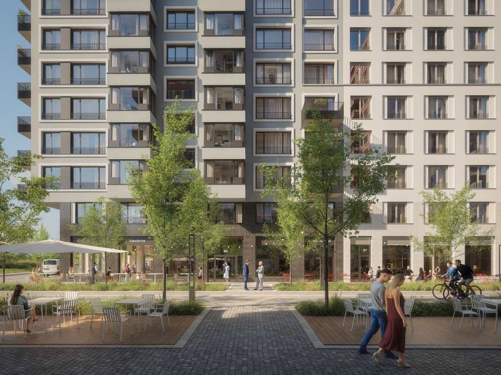 Visualization of a street with apartment buildings, shops on the ground floor, café terraces and people