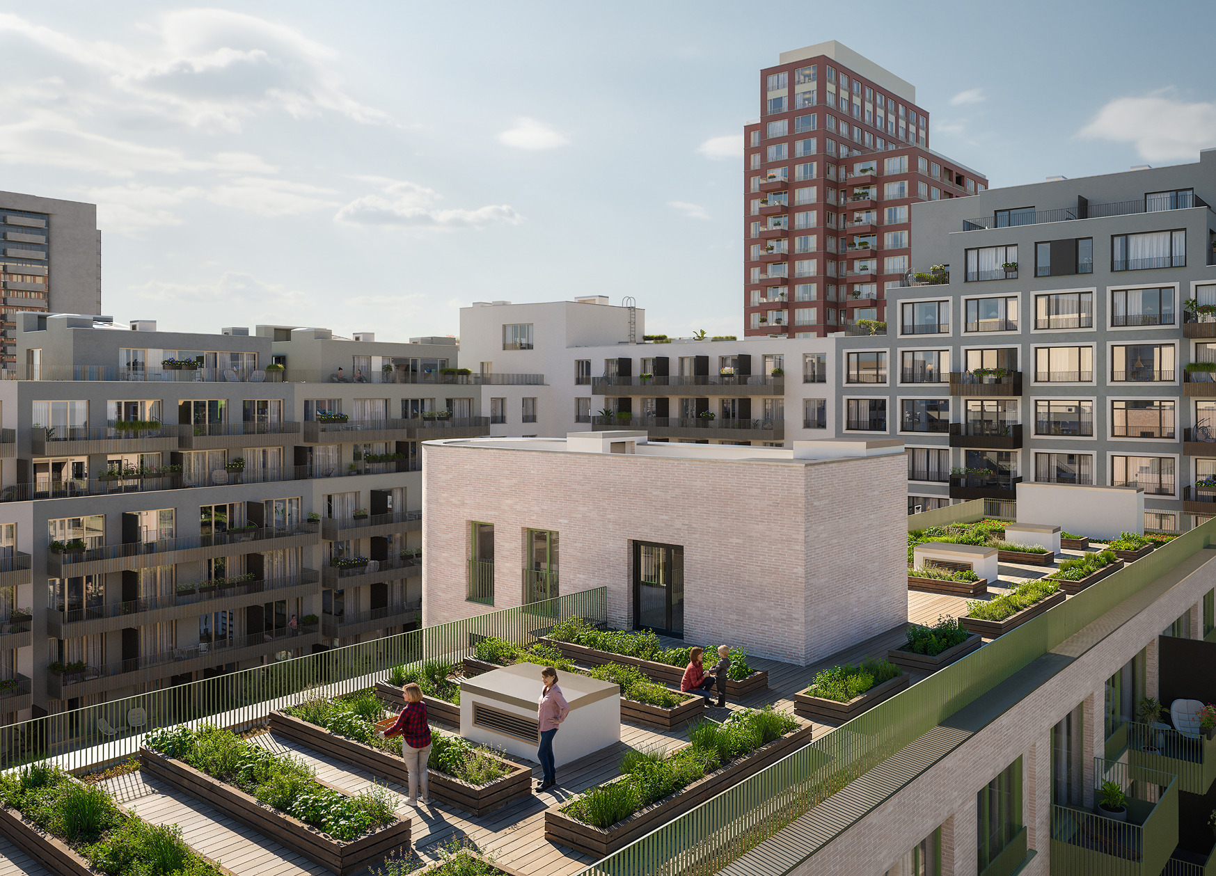 Visualization of a rooftop community garden with raised beds and people among the apartment buildings