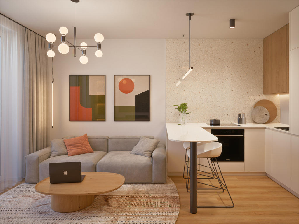 Visualization of a living room with a kitchenette, a gray sofa and colorful paintings