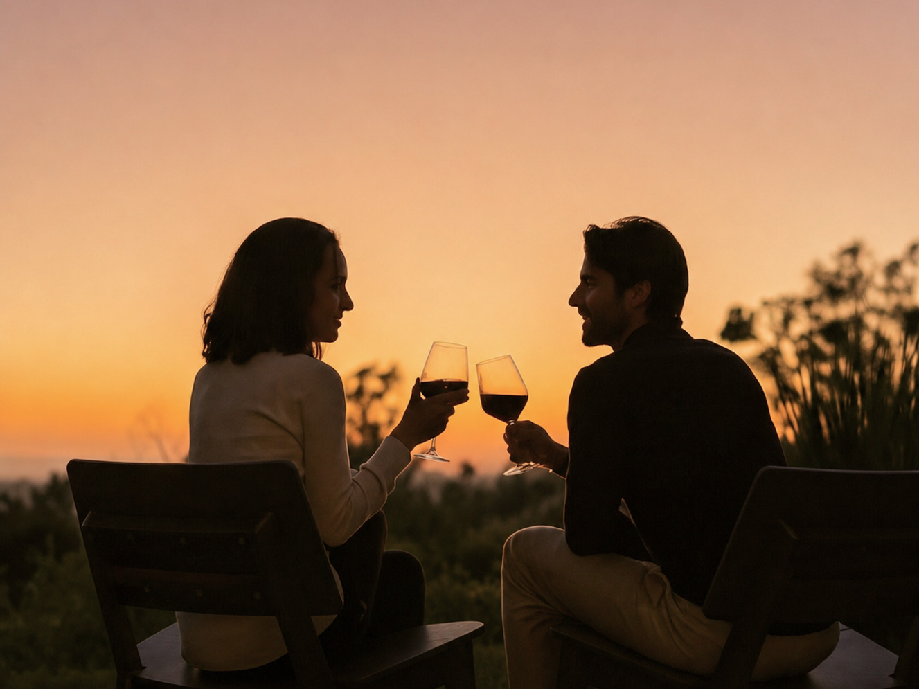 Silhouette of a couple toasting with red wine at sunset