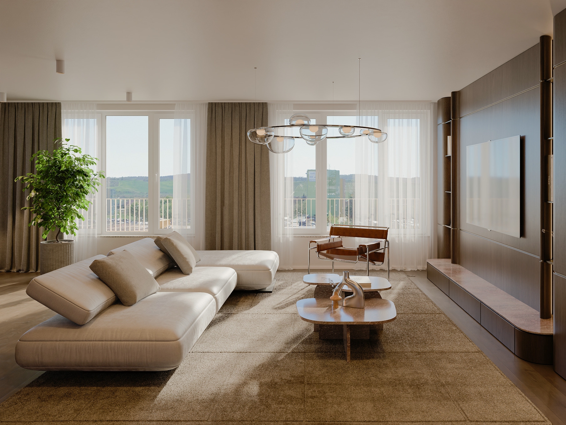 Visualization of a spacious living room with a beige sofa, a wooden wall with a TV and a view of the hills