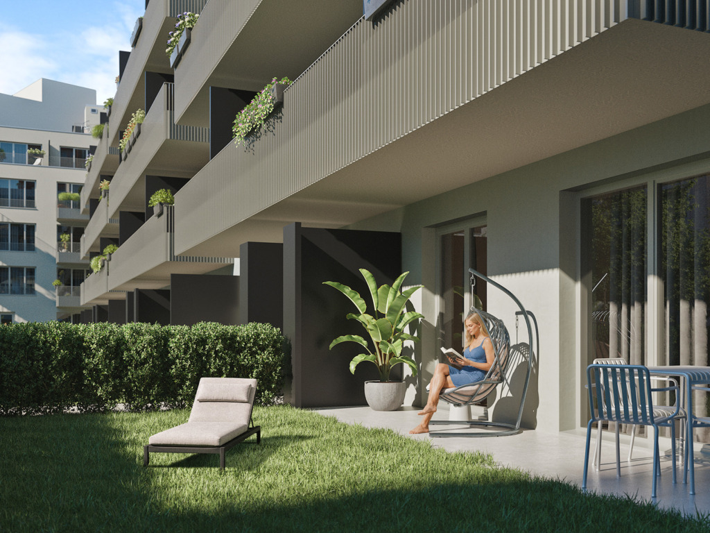 Visualization of a woman reading in a hanging chair on a terrace by an apartment building with a garden