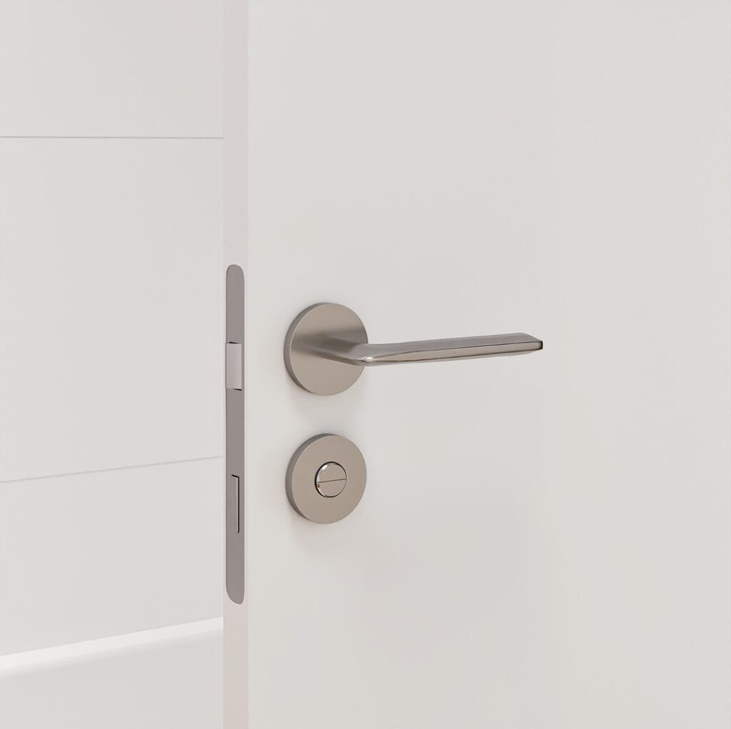 Visualization of a close-up of a white interior door with a brushed handle and a lock