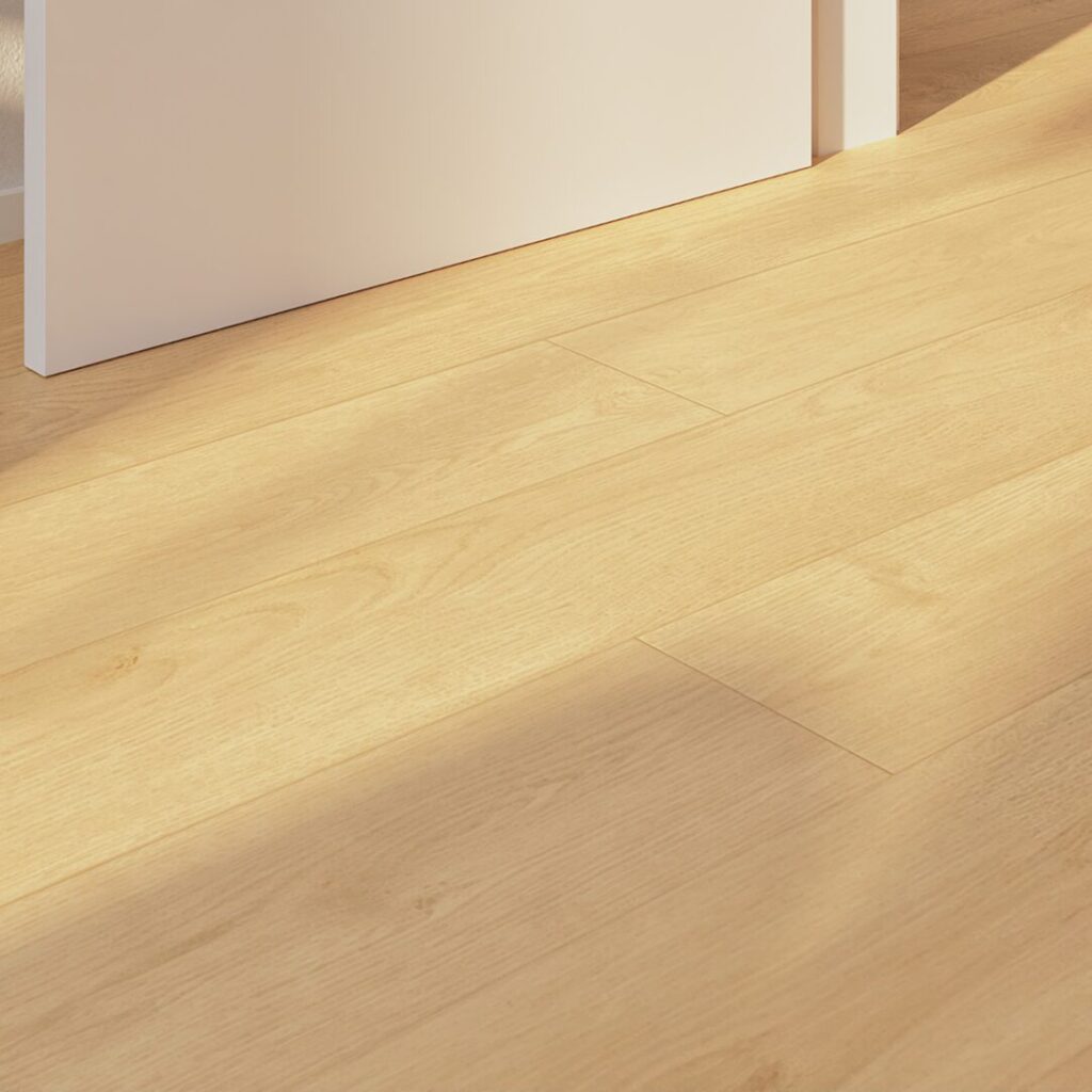 Visualization of a close-up of a light wooden floor made of oak planks by a white wall