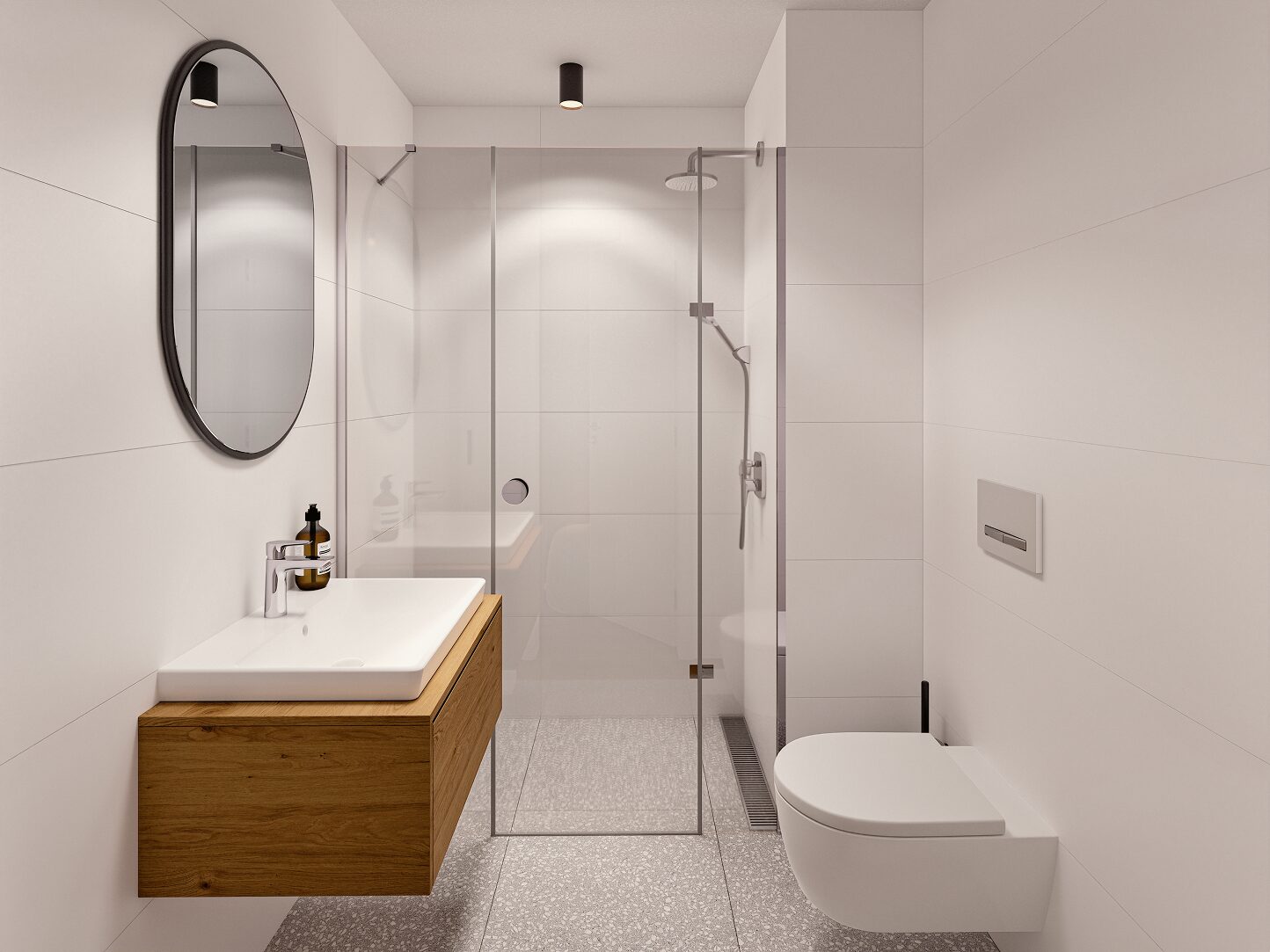 Visualization of a bathroom with a shower enclosure, an oval mirror and a wooden cabinet with a sink