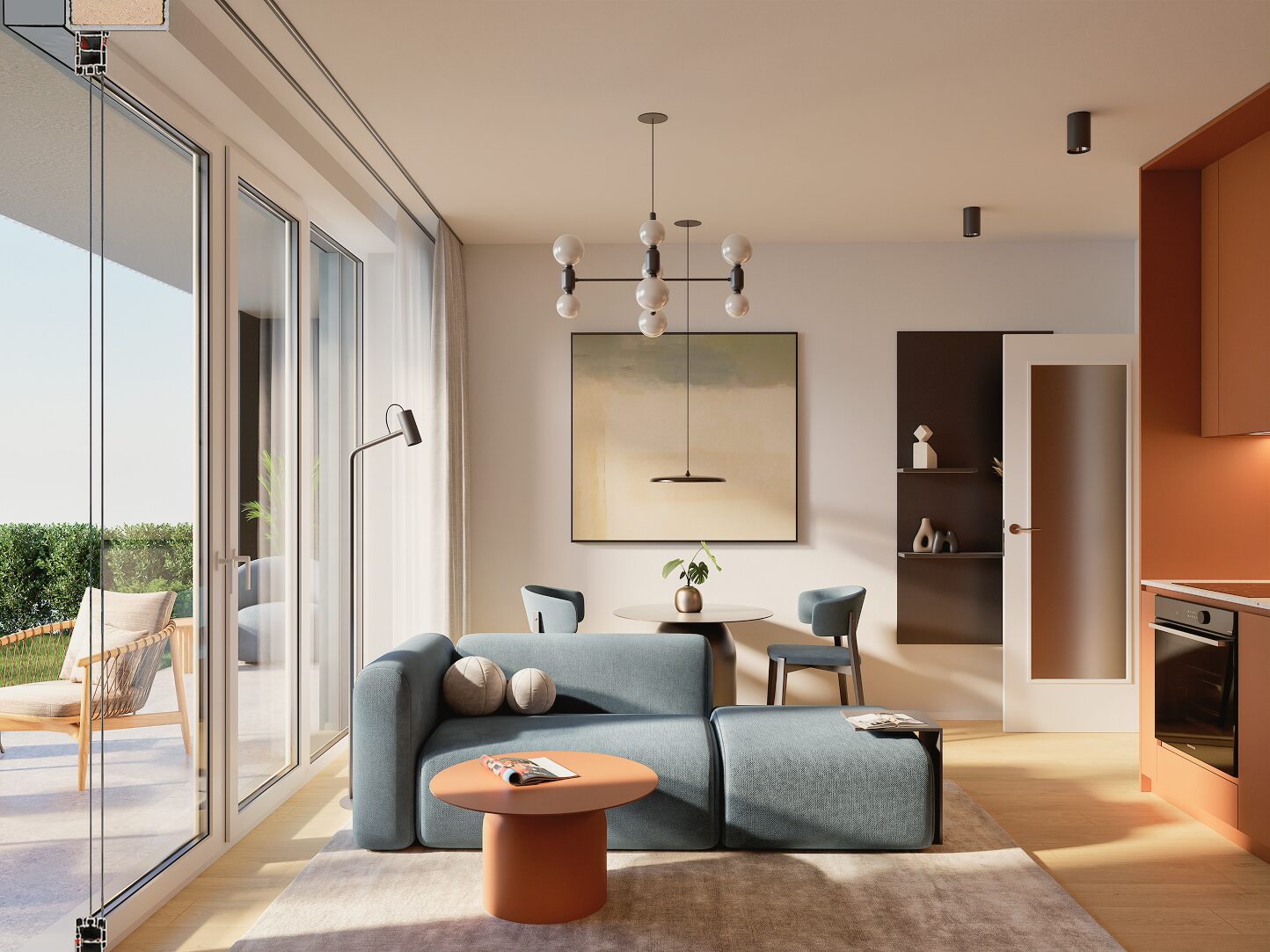 Visualization of a living room with a blue sofa, a dining nook and a glass wall onto the terrace