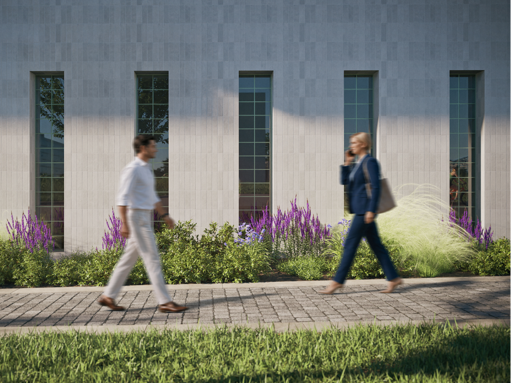Visualization of a man and a woman walking along the sidewalk beside a facade with purple flowers